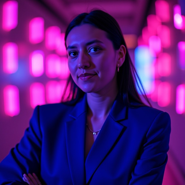 neon bckground, woman standing